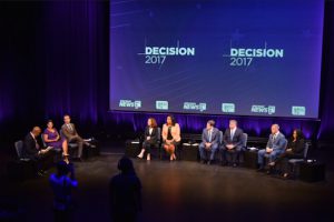 With less than a week until election day, the race for Brooklyn district attorney took on a more heated tone during Tuesday night's NY1 debate that was held at BRIC. Pictured from left to right: moderators Errol Louis, Jeanine Ramirez and Juan Manuel Benitez with candidates Anne Swern, Ama Dwimoh, Vincent Gentile, Eric Gonzalez, Marc Fliedner and Patricia Gatling. Eagle photo by Rob Abruzzese