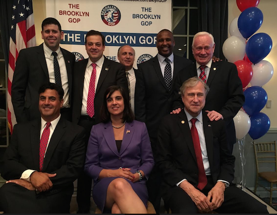Top row, left to right: City Council candidates Steve Saperstein and John Quaglione, borough president candidate Vito Bruno, NYC comptroller candidate, Rev. Michel Faulkner, state Sen. Marty Golden; Seated, left to right: Brooklyn Republican Party Chairman Ted Ghorra, Assemblymember and mayoral candidate Nicole Malliotakis and New York Republican Party Chairman Edward Cox. Eagle photos by John Alexander
