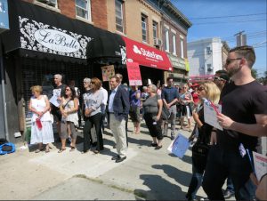 Demonstrators gather outside U.S. Rep. Dan Donovan’s office in Dyker Heights at the start of the “Patriotism over Partisanship” rally. Photos courtesy of Courtney Scott