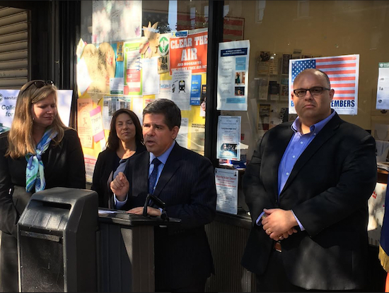 City Councilmember Vincent Gentile holds a news conference regarding his new citywide trash collection program for bulk items. (L-R) DSNY Commissioner Kathryn Garcia, Gentile and City Council candidate Justin Brannan. Eagle photo by John Alexander
