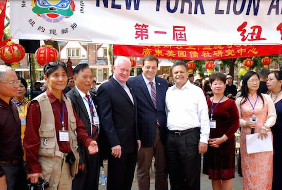 Event host state Sen. Marty Golden with his Deputy Chief of Staff John Quaglione and Assemblymember Felix Ortiz (center, left to right) surrounded by staff members of the Lion and Dragon Dance Festival. Eagle photos by Arthur De Gaeta