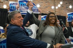 Eric Gonzalez (pictured here celebrating with Public Advocate Letitia James) won the Democratic Primary for Brooklyn district attorney on Tuesday by collecting nearly 60,000 more votes than his next closest opponent. Photos by Rob Abruzzes
