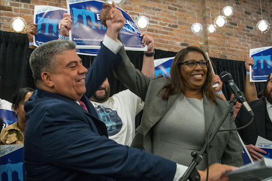 Eric Gonzalez (pictured here celebrating with Public Advocate Letitia James) won the Democratic Primary for Brooklyn district attorney on Tuesday by collecting nearly 60,000 more votes than his next closest opponent. Photos by Rob Abruzzes