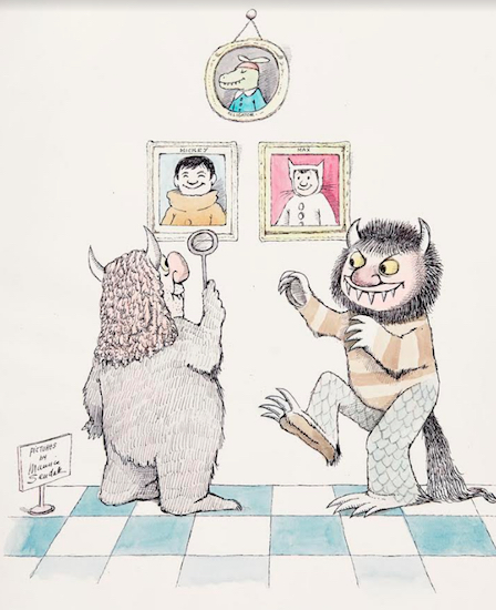 Ink and watercolor original drawing of two “Wild Things,” left, viewing an exhibition of their creator Maurice Sendak, 11-3/4 x 10-1.4 inches.  The exhibition and sale of works by internationally beloved children’s book author Maurice Sendak, at the upcoming Brooklyn Antiquarian Book Fair, Sept. 8-10 at the Brooklyn Expo Center in Greenpoint, is the first to be held in his native Brooklyn. Copyright © The Maurice Sendak Foundation.