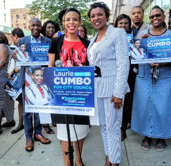Councilmember Laurie Cumbo, shown here as U.S. Rep. Yvette Clarke endorses her re-election bid, says empowering women from all backgrounds to run for public office is one of her priorities. Photo courtesy of Cumbo campaign