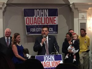 City Council Candidate John Quaglione, surrounded by his wife Kerry and State Sen. Marty Golden, thanks the crowd for their support. Eagle photos by John Alexander