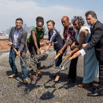 From left to right: City Councilmember Carlos Menchaca, NYCHA Chair and CEO Shola Olatoye, U.S. Rep. Nydia VelVelázquez,quez, Red Hook West Resident Association President Lillian Marshall, Red Hook East Resident Association President Frances Brown and state Assemblymember Felix Ortiz. Shown: A rendering of a new flood-proof utility pod planned for the Red Hook Houses. Photos and renderings courtesy of NYCHA