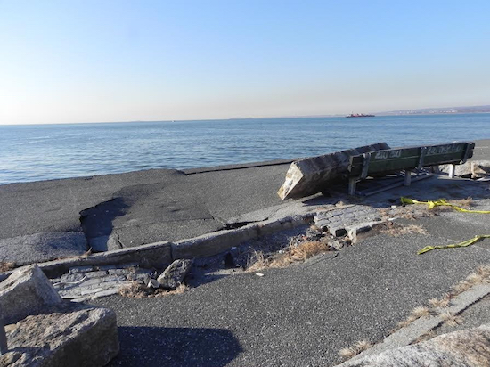 Superstorm Sandy left damage and destruction in several Brooklyn neighborhoods, including Bath Beach, where it upended sections of the Shore Parkway seawall. The seawall has since been repaired. Eagle file photo by Paula Katinas