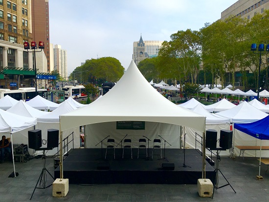 Viva Book-lyn! The stage is ready and waiting outside Brooklyn Borough Hall before the beginning of the Brooklyn Book Festival. Eagle photos by Lore Croghan