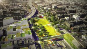 This rendering, designed by DLANDstudio, shows the BQGreen, a 3.5-acre park proposed by Councilmember Antonio Reynoso that would be built “out of thin air” on top of the sunken Brooklyn-Queens Expressway from South Third to South Fifth streets. Rendering courtesy of DLANDstudio