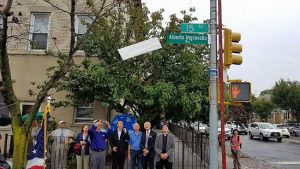 The “Alberto Ingravallo Way” street sign is revealed on the corner of 15th Avenue and Bay Ridge Parkway. Photos courtesy of Councilmember Vincent Gentile’s office