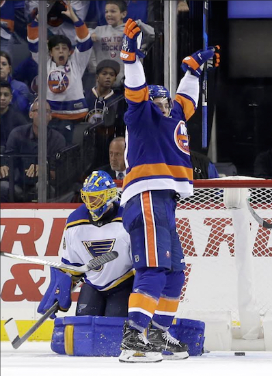 Anders Lee celebrates the game-tying goal with one minute remaining in regulation Monday afternoon at Downtown’s Barclays Center, helping the Islanders salvage a point in an eventual 3-2 shootout loss to the St. Louis Blues. AP Photo by Seth Wenig