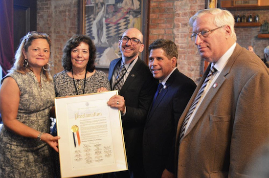 City Council Speaker Melissa Mark-Viverito (left) is joined by Council Members Vincent Gentile and Alan Maisel (right) as she presents a City Council Proclamation to Brooklyn Chamber of Commerce Chairperson Denise Arbesu (second from left) and President and CEO Andrew Hoan (center). Photo courtesy of the chamber
