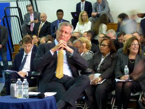 Mayor Bill de Blasio at Wednesday’s town hall in Brooklyn Heights. Photo by Mary Frost