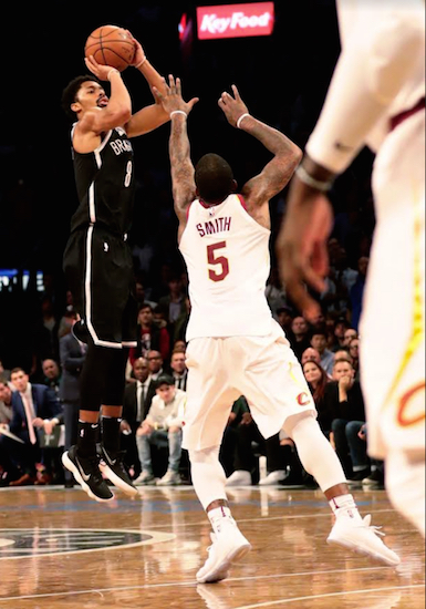 Spencer Dinwiddie rises to fire up what proved to be the game-winning 3-pointer in the Nets’ stunning 112-107 victory over the Cleveland Cavaliers Wednesday night at Downtown’s Barclays Center. AP Photo by Frank Franklin II