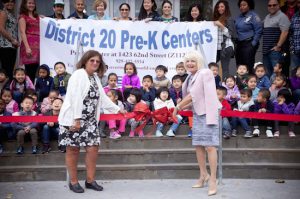 District 20 Early Childhood Director Dianne Gounardes (left) and School Superintendent Karina Costantino get set to cut the ribbon to mark the opening of the district’s newest pre-k center on 62nd Street. Photo courtesy of District 20