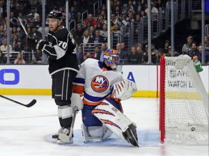 Jaroslav Halak was unable to stop this go-ahead, second-period power play goal in Los Angeles Sunday night as the Islanders completed their California trip with a 1-2 record. AP Photo by Reed Saxon