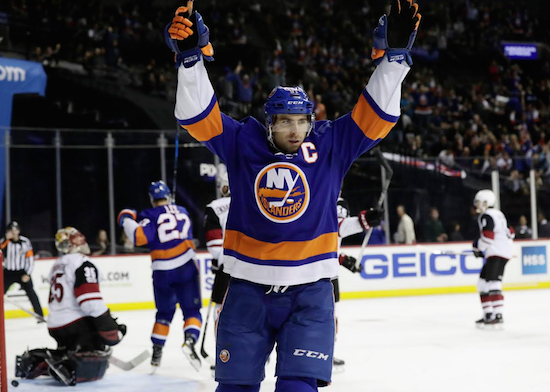 Team captain John Tavares celebrates his seventh career hat trick Tuesday night at Downtown’s Barclays Center. AP Photo by Frank Franklin II