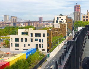 A lawsuit attempting to reverse construction of a section of the Pierhouse residential/ hotel complex in Brooklyn Bridge Park will be heard in Appellate Court on Friday. The structure partially blocks the protected view of the Brooklyn Bridge from the Promenade.  Eagle photo by Lore Croghan