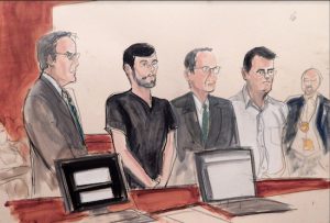 Evan Greebel, seen here in a courtroom sketch (second from right), is being charged with conspiracy in connection to former hedge fund manager Martin Shkreli (second from left). Shkreli is currently sitting in a Sunset Park prison awaiting sentencing after he was found guilty on three of eight charges of fraud during a trial that ended in July. Elizabeth Williams via AP