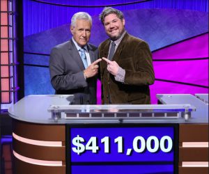 “Jeopardy!” host Alex Trebek with 12-time champion Austin Rogers. Photos courtesy of Jeopardy Productions, Inc.