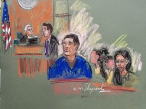 Mexican drug kingpin Joaquin “El Chapo” Guzman at Brooklyn’s federal court with his wife and twin daughters to the right. Court sketch by Shirley Shepard