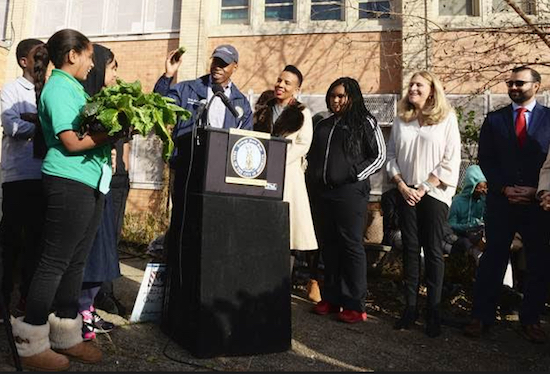 Brooklyn Borough President Eric Adams holds a cucumber grown by students with Councilmember Laurie A. Cumbo (center), Teens for Food Justice CEO and founder Katherine Soll (second from right) and P.S. 56 Lewis H. Latimer Principal Eric Grande (right). Photo: Erica Sherman/Brooklyn BP’s Office
