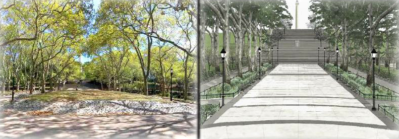 Left: The pathway to the revered Prison Ship Martyrs' Monument as it is now shows one of the grassy mounds designed by landmark artist A.E. Bye. Right: This rendering shows the proposed hardscape plaza leading to the monument. The A.E. Bye mounds would be removed. Images courtesy of the Friends of Fort Greene Park