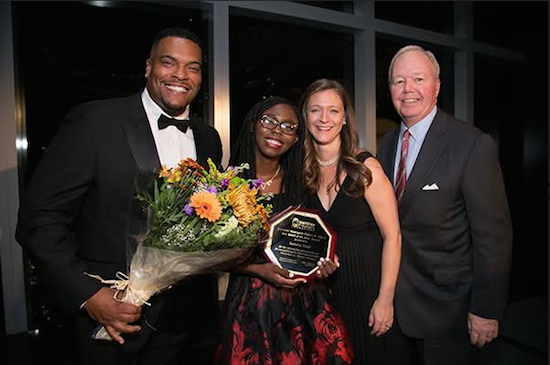 Samira Todd (second from left) is congratulated by Sean Ringgold, an actor and HeartShare St. Vincent’s Services (HSVS) board member; HSVS Executive Director Dawn Saffayeh; and HSVS Chairman of the Board Ken Nolan after receiving the Youth of the Year Award. Photo courtesy of HeartShare St. Vincent’s Services