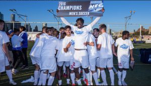 Last season, the SFC Brooklyn Terriers lifted their third NEC Soccer Championship banner in four years at Brooklyn Bridge Park. They will have to knock off Downtown rival LIU-Brooklyn on Friday for a chance to host the NEC Tournament again. Photo courtesy of SFC Brooklyn Athletics
