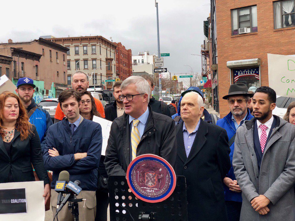 Then-Assemblymember Brian Kavanagh, center, at a recent press conference about the upcoming L Train shutdown. To the left is City Councilmember Stephen Levin, and to the right is Sen. Marty Golden. Photo courtesy of Sen. Brian Kavanagh’s Office