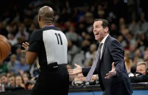 Brooklyn head coach Kenny Atkinson receives a technical foul during a critical third-quarter run by the Spurs in what turned out to be their 15th straight home win over the Nets Tuesday night. AP Photo by Eric Gay
