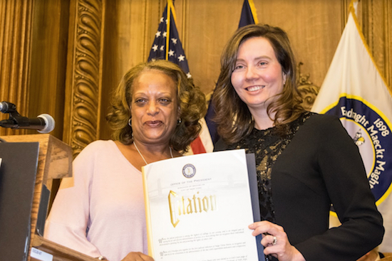 Lori Luis (left) presented Hon. Elena Baron with a proclamation on behalf of the Office of the Borough President during her installation at Borough Hall just before Christmas. Eagle photos by Rob Abruzzese