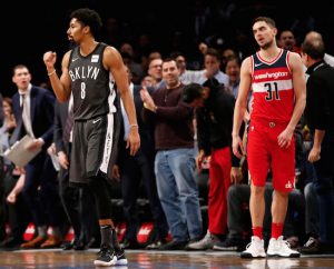 Spencer Dinwiddie pumps his first after feeding Allen Crabbe for what proved to be the game-winning 3-pointer during Brooklyn’s victory over the Washington Wizards at Downtown’s Barclays Center on Tuesday. AP Photo by Kathy Willens