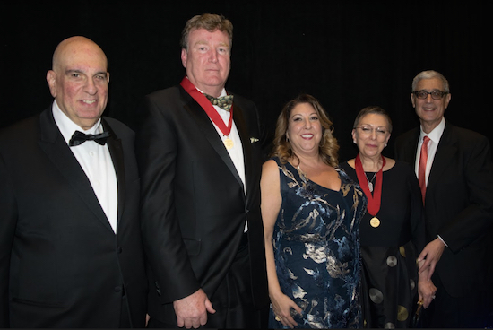 The Brooklyn Bar Association Foundation held its annual dinner on Monday where it honored Justice Bernard Graham, Justice Rachel Adams and all of its past female presidents. Pictured from left: Avery Eli Okin, Hon. Bernard Graham, President Aimee Richter, Hon. Rachel Adams and Steve Cohn. Eagle photos by Rob Abruzzese