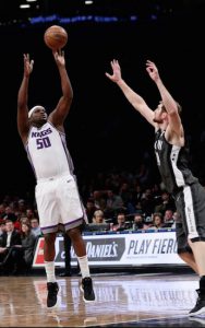 Zach Randolph shoots over Tyler Zeller during the first half of the Sacramento Kings’ 104-99 victory over the Brooklyn Nets Wednesday night at the Barclays Center. AP Photo by Frank Franklin II