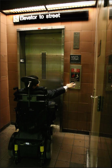 Michael Harris, founder of the Disabled Riders Coalition, waits for a subway elevator at Grand Central several years ago. AP file photo by Tina Fineberg