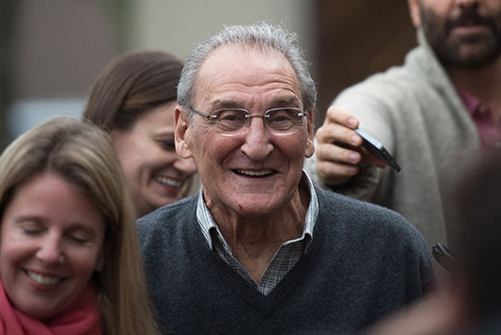 "Goodfellas" mobster Vincent Asaro smiling after he was acquitted two years ago in the famous Kennedy Airport heist. Left, Asaro's lawyer, Elizabeth Macedonio. AP Photo by Bryan R. Smith
