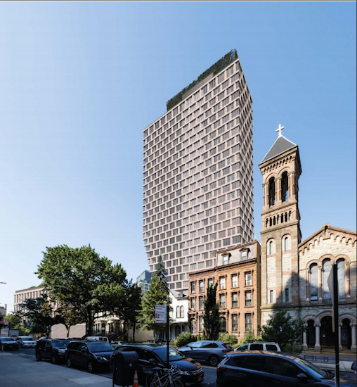 Hope Street Capital plans to build an apartment tower that would be visible on the Clinton Avenue block where the Church of St. Luke and St. Matthew is located. Rendering by Morris Adjmi Architects via the Landmarks Preservation Commission
