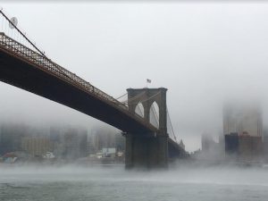 Icon in the mist: The Brooklyn Bridge is wrapped in fog. Eagle photos by Lore Croghan