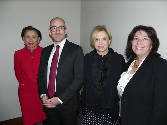 BCC President and CEO Andrew Hoan says the biggest job growth in Brooklyn was found in the health care, tourism and entertainment industries. Hoan is pictured with U.S. Reps. Nydia Velazquez and Carolyn Maloney, and BCC Board Chairperson Denise Arbesu (left to right) at an event last year. Eagle file photo by Paula Katinas