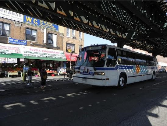 The city’s environmental protection moves come as the Metropolitan Transportation Authority is moving away from buses powered by oil and toward electric-powered vehicles. The B1 bus travels up 86th Street in Bensonhurst three years ago. Eagle file photo by Paula Katinas