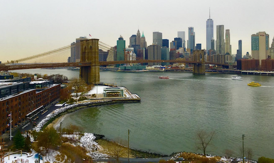 Here's why people walk across the Manhattan Bridge in cold weather — to see the Brooklyn Bridge Park shoreline, Empire Stores, Jane's Carousel, the Brooklyn Bridge and the World Trade Center. Eagle photos by Lore Croghan