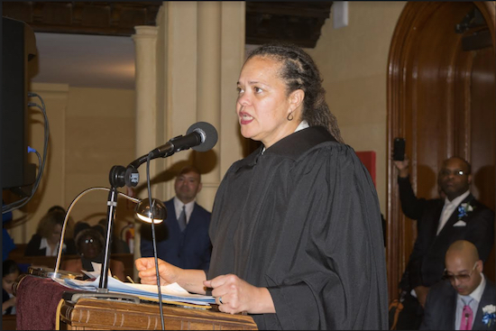 Hon. Patria Frias-Colon was officially installed as Civil Court Judge in Brooklyn during a special ceremony on Thursday night at the Brown Memorial Baptist Church in Bedford-Stuyvesant. Eagle photos by Rob Abruzzese