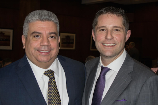 District Attorney Eric Gonzalez, pictured left with Kings County Criminal Bar Association (KCCBA) President Michael Cibella, left members of KCCBA out of his Justice 2020 Initiative, but came to its recent meeting with a message — he still expects members of the group he has been affiliated with for approximately 20 years to continue to raise issues with him. Eagle photos by Rob Abruzzese