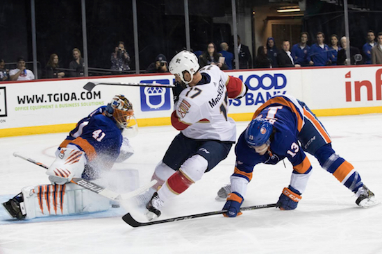 Goalie Jaroslav Halak was under siege for most of the first 20 minutes Tuesday night as the Islanders came back from the All-Star break with an ugly 4-1 loss to Florida at Downtown’s Barclays Center. AP photo by Mary Altaffer