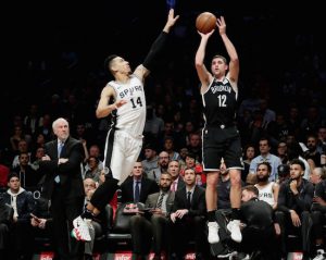 Joe Harris’ bid for a tying 3-pointer didn’t go down Wednesday night as the Nets suffered yet another narrow defeat to an elite opponent as San Antonio escaped Downtown Brooklyn with a 100-95 victory. AP Photo by Frank Franklin II