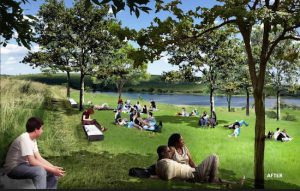 A massive 407-acre park in East New York, the third largest in Brooklyn, will open to the public in 2019. Shown: A before and after of a grassy area in the park. Renderings and photos courtesy of New York State Parks