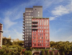 A rain-spattered rendering of 5 River Park, the 15 story tower being developed by Fortis Property Group on the former Long Island College Hospital (LICH) campus in Cobble Hill, has been posted at the construction site at 347 Henry St.  Eagle photo by Mary Frost