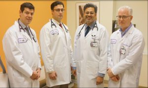 The newest members of the cardiology team at NYU Langone Hospital – Brooklyn are Dr. Geoffrey Webber, Dr. Christopher Gade, Dr. Atul Sharma and Dr. Alexander Slotwiner (left to right). Photo courtesy of NYU Langone